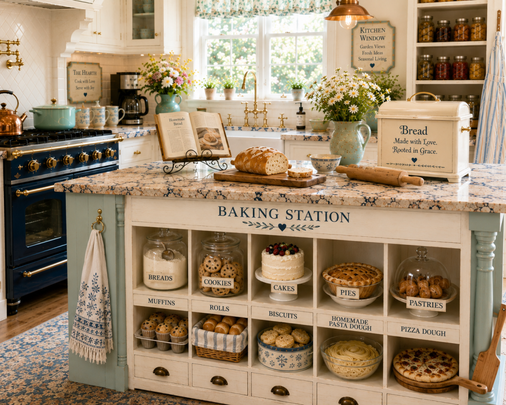 HeavenSpun Home Baking Station featuring a bright white farmhouse kitchen with blush quartz countertops, blue range, white farmhouse sink, and built-in baking island with breads, cookies, cakes, pies, pastries, muffins, rolls, biscuits, homemade pasta dough, and pizza dough recipes.