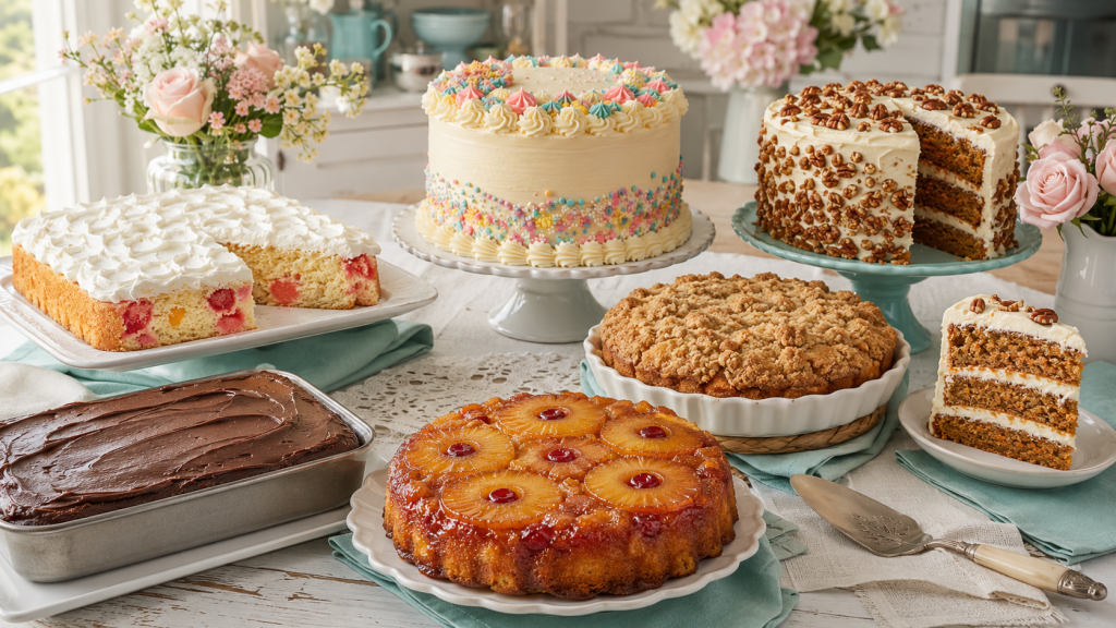 Six homemade cakes displayed on a HeavenSpun Home table, including pineapple upside-down, chocolate sheet and carrot cakes.
