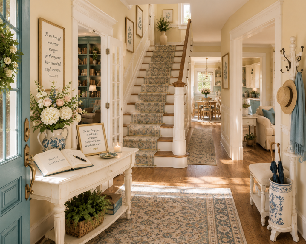 Bright, welcoming foyer inside HeavenSpun Home with a staircase, library, hospitality table, and teal accents.