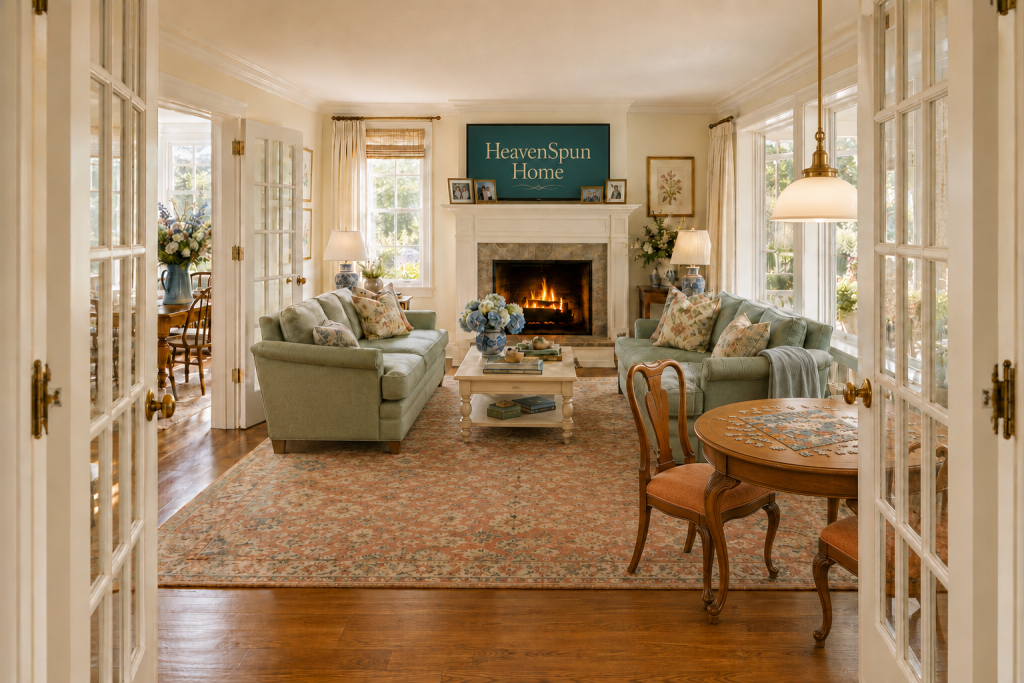 Bright French country family room with celadon sofas, a fireplace, family photographs, and a window-side puzzle table