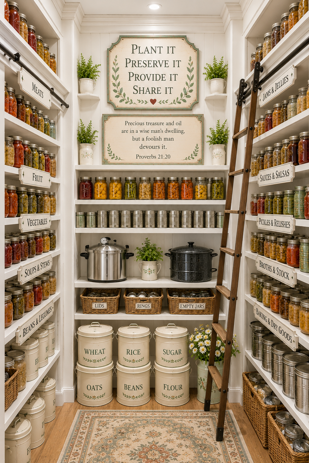 HeavenSpun Home Canning Pantry with white built-in shelves filled with home-canned foods, pantry staples, and biblical homesteading inspiration.