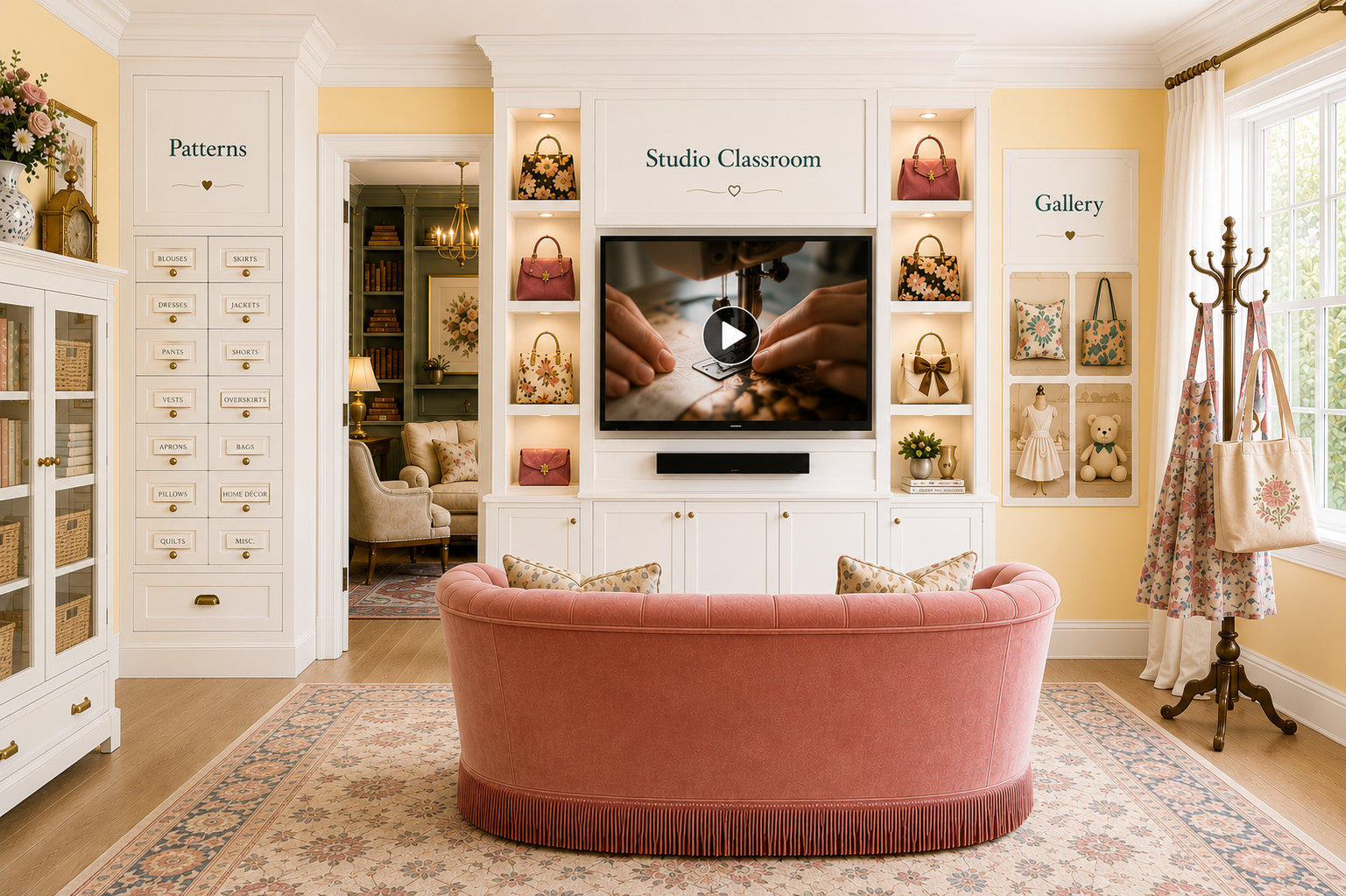 The Studio Classroom alcove inside SewWorthy Studio featuring a video learning center, pattern cabinet, gallery display, and view into the manor library.