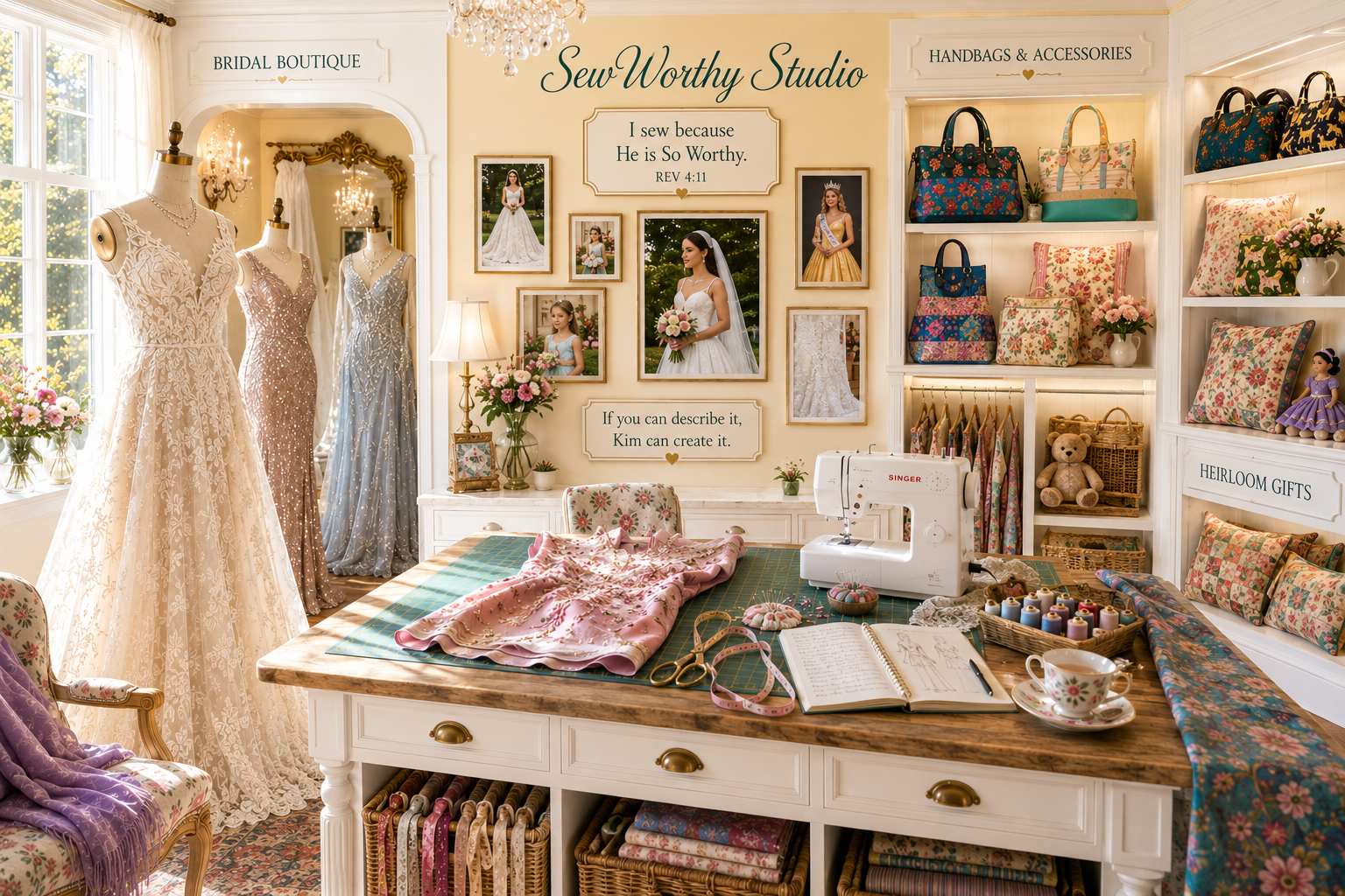 Custom sewing studio at HeavenSpun Home featuring bridal gowns, handmade handbags, heirloom gifts, custom sewing projects, and elegant designer workspace filled with morning sunlight.