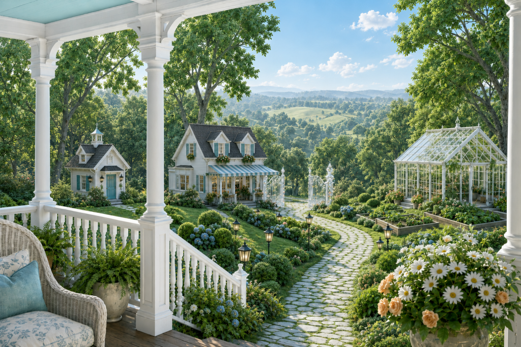 View from the HeavenSpun Home veranda across the estate toward the crystal gates in bright morning light.