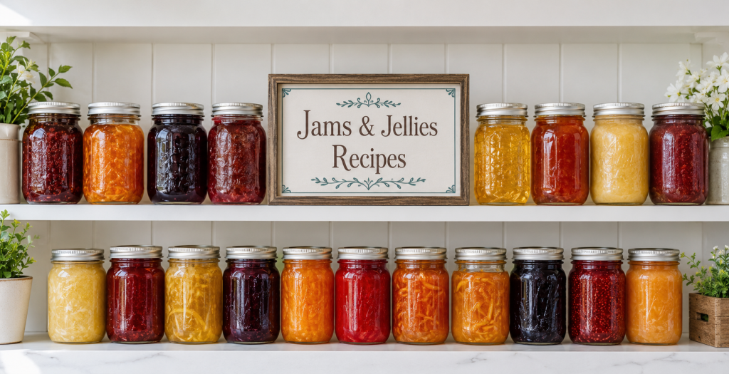 Colorful homemade jams, jellies, marmalades, and preserves displayed on white pantry shelves around a Jams & Jellies Recipes sign.