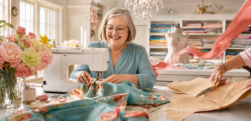 Kim, the HeavenSpun Homemaker, joyfully sewing colorful floral fabric in the bright SewWorthy Studio while a pattern is cut nearby.