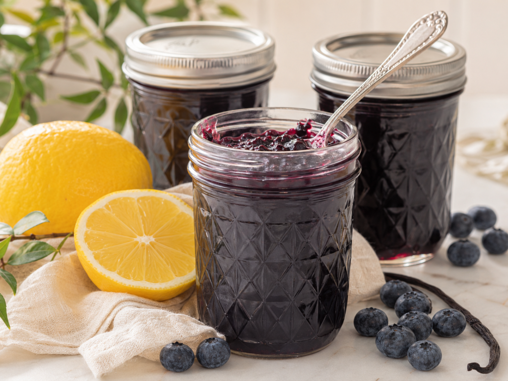 Jars of homemade Lemonilla Blueberry Jam with fresh lemons, blueberries, vanilla bean, and a spoonful of deep purple jam.