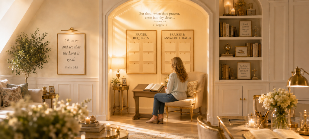 Woman sharing her prayer requests with God in the HeavenSpun Home Prayer Closet