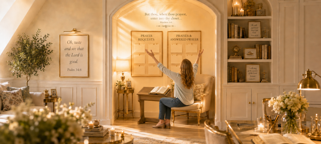 Woman lifting her hands in praise while sharing a praise report in the HeavenSpun Home Praise Closet