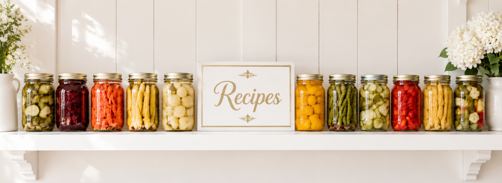 Elegant white French country recipe shelf with colorful home-canned mason jars and a central "Recipes" sign inside the HeavenSpun Home Canning Pantry.