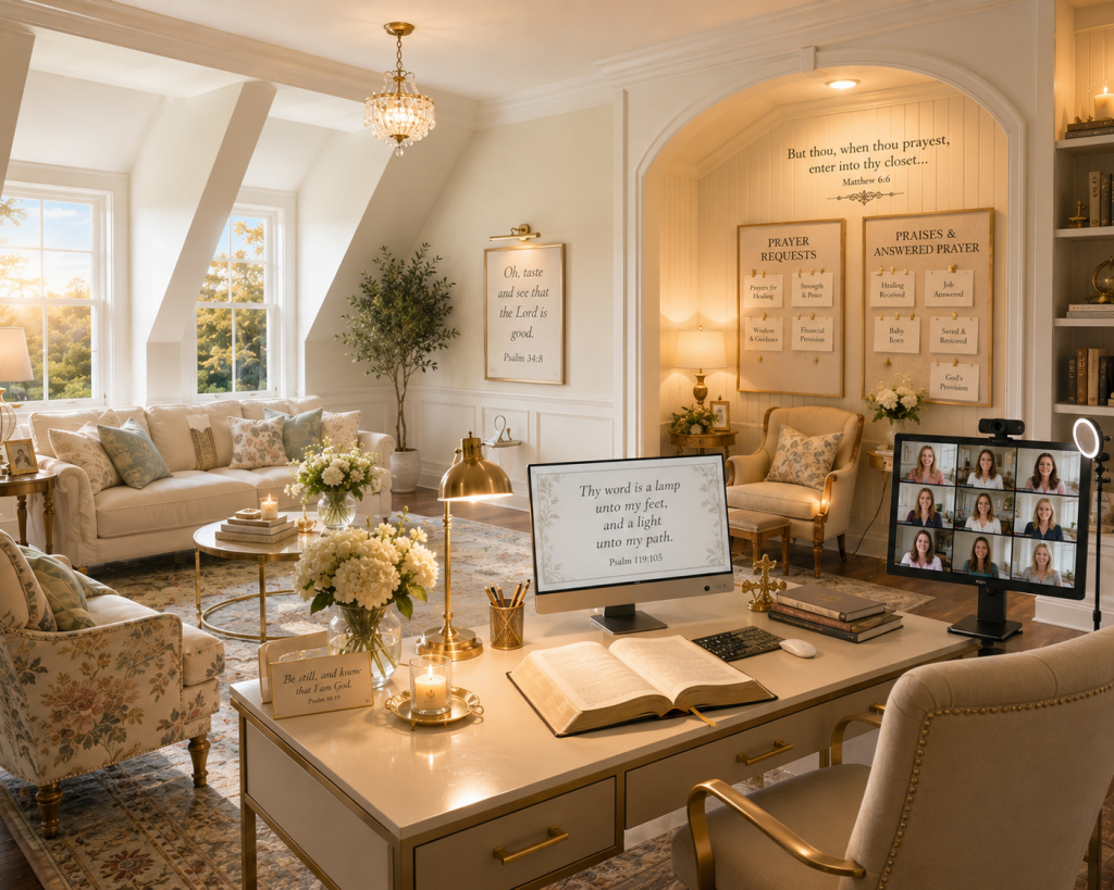 Bright HeavenSpun Home Upper Room Bible study studio with open Bible, online Bible study screen, prayer request board, answered prayer praise board, and prayer alcove