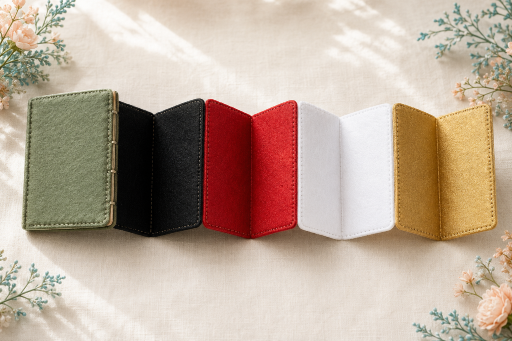 Handmade felt Wordless Book with a green cover and black, red, white, and gold pages illustrating the Gospel.