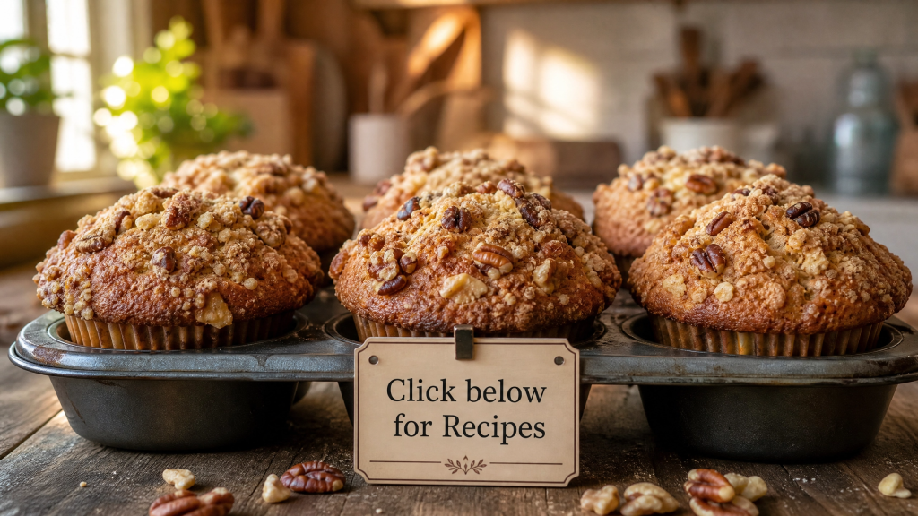 Golden praline muffins with buttery crumb topping in a muffin pan at the HeavenSpun Home Baking Station
