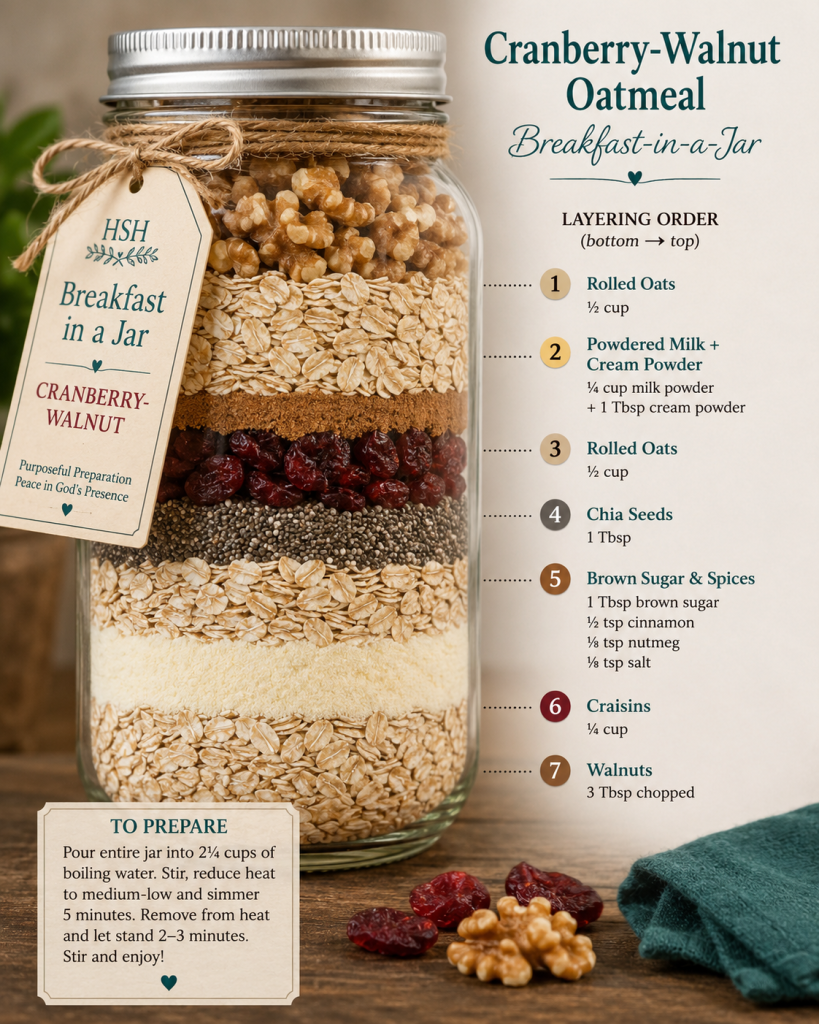 Layered Cranberry-Walnut Breakfast-in-a-Jar oatmeal mix with oats, chia seeds, dried cranberries and walnuts
