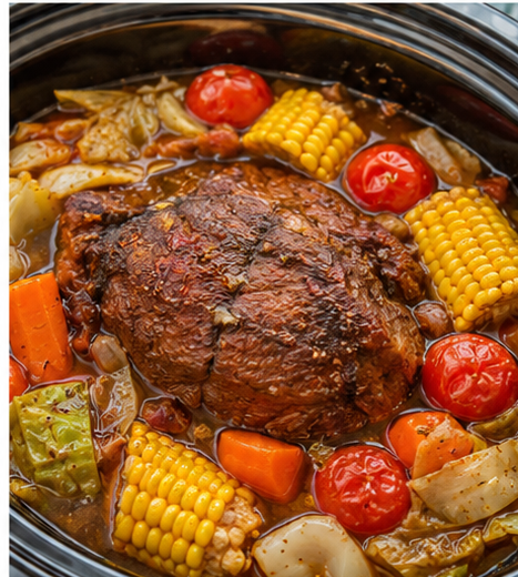Beef & cabbage harvest stew with garden vegetables in a slow cooker
