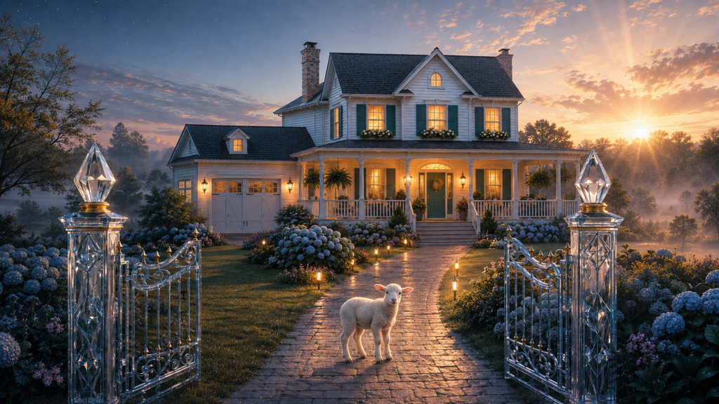 A spotless lamb centered on the path to HeavenSpun Home, a modern-day Goshen, at dawn, framed by open crystal gates
