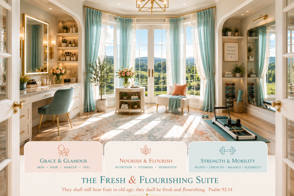 Bright Fresh & Flourishing Suite with a beauty vanity, nourishment area, Pilates reformer, mobility equipment, aqua curtains, and sunny hill views.