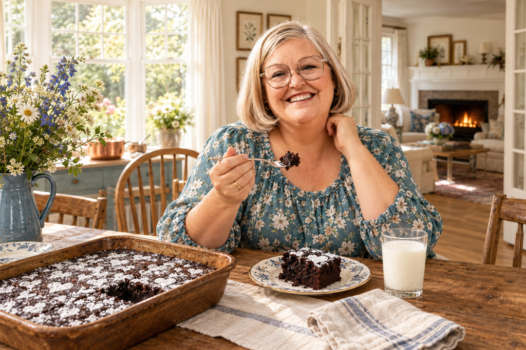 Kim, the HeavenSpun Homemaker, enjoying Crazy Chocolate Cake topped with powdered sugar hearts at the Harvest Table.