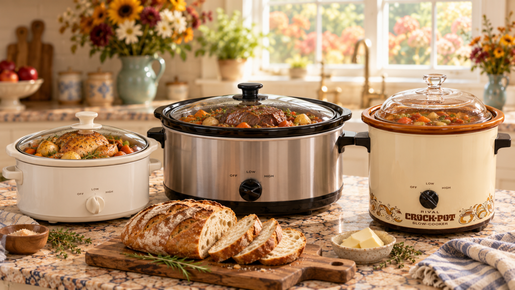 Three slow cookers on a farmhouse kitchen countertop: a small white oval cooker, a stainless steel Crock-Pot, and a vintage ivory Rival Crock-Pot, with crusty bread and autumn flowers.