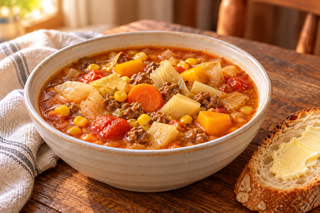 Garden Bounty vegetable beef soup with cabbage, root vegetables, and corn, served beside crusty buttered bread.