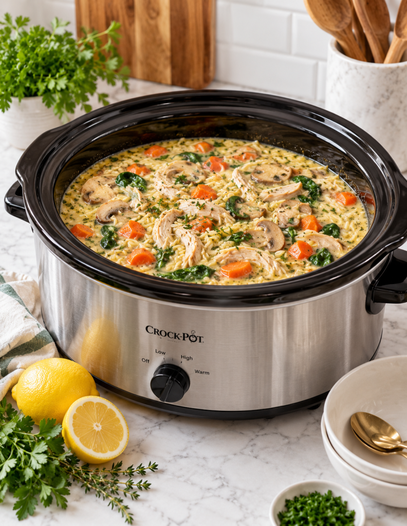 Creamy lemon herb turkey orzo soup with spinach and carrots in a stainless steel slow cooker on a white marble countertop.