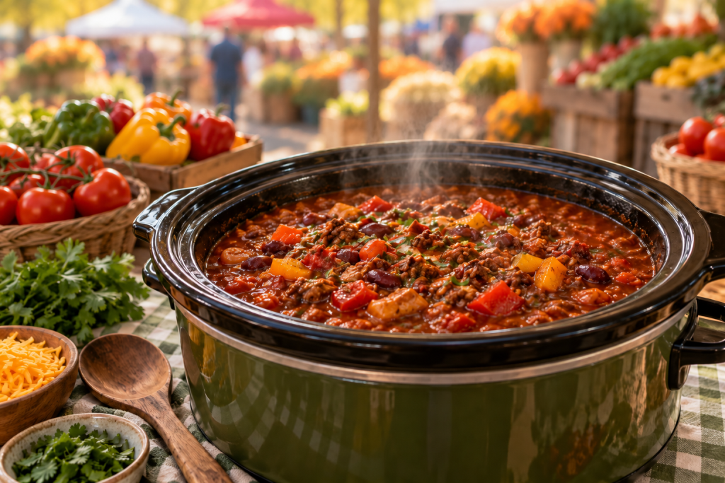 Steaming Roasted Harvest Chili in an olive-green slow cooker on a checked tablecloth, with fresh tomatoes, colorful peppers, and a softly blurred farmers market in the background.