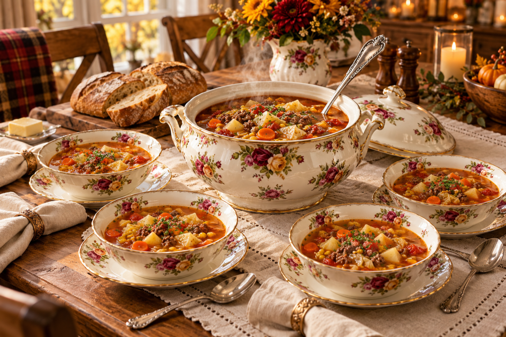 Soups, Stews and Bases featured here in old country rose patterned tureen and bowls. Comfort for stomach and heart.