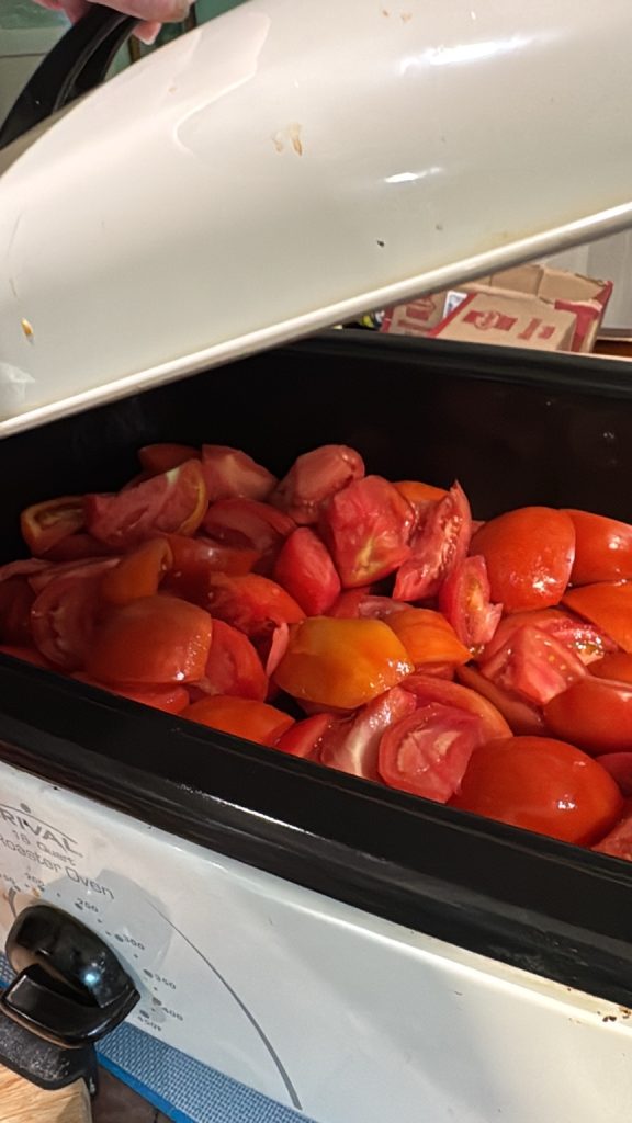 Fresh quartered tomatoes in a large electric roaster, ready to cook down for HeavenSpun Home's Roasted Harvest Chili.