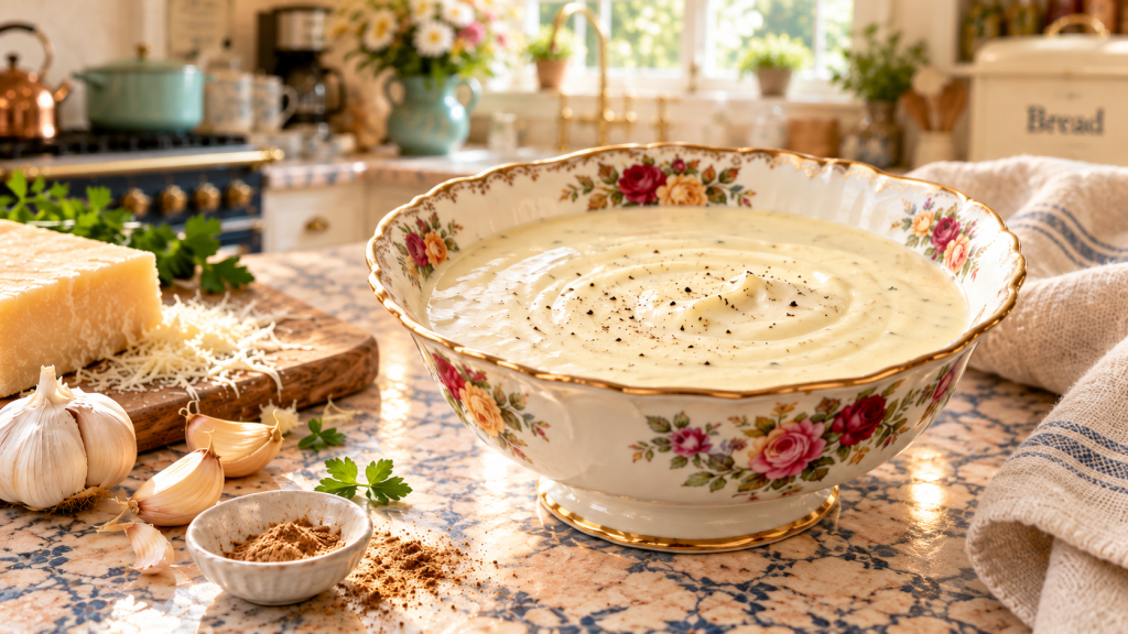 Creamy garlic three-cheese béchamel sauce in an Old Country Roses porcelain bowl, surrounded by Parmesan, garlic, and nutmeg on the Hearth kitchen countertop.